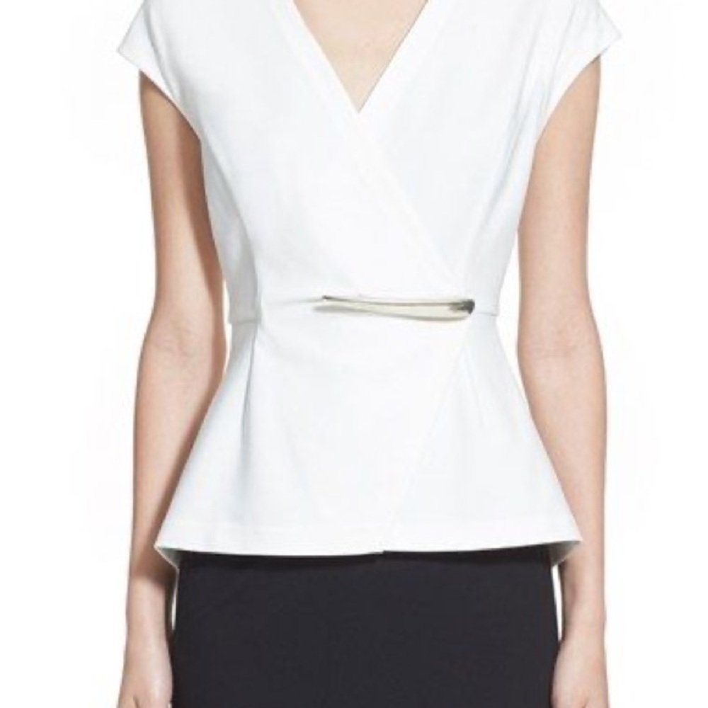 Donna Karan Black Label White Peplum Top with Silver Accent